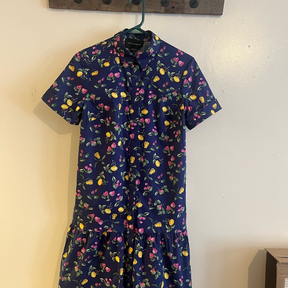 Donna Morgan Navy Blue Short Sleeve Lemon & Floral Print Dress